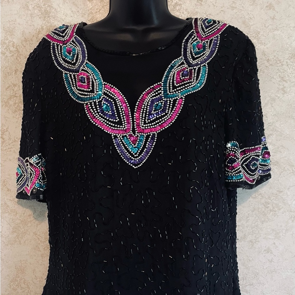 Stenay Black Silk Beaded Embellished Zip Up Top Size XL Holiday Cocktail Party